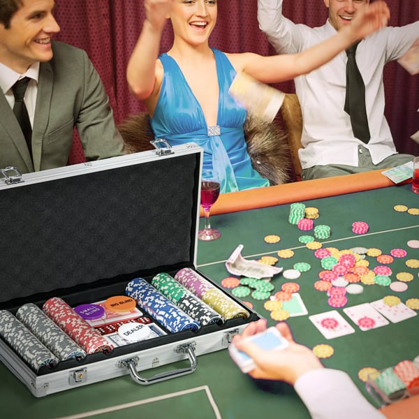 pokerikotelo setti 500 pelimerkkejä 11.5g ammatillinen pokerisarja lukko 2 korttipakkausta 5 noppaa jakaja sokea painikkeet hopea