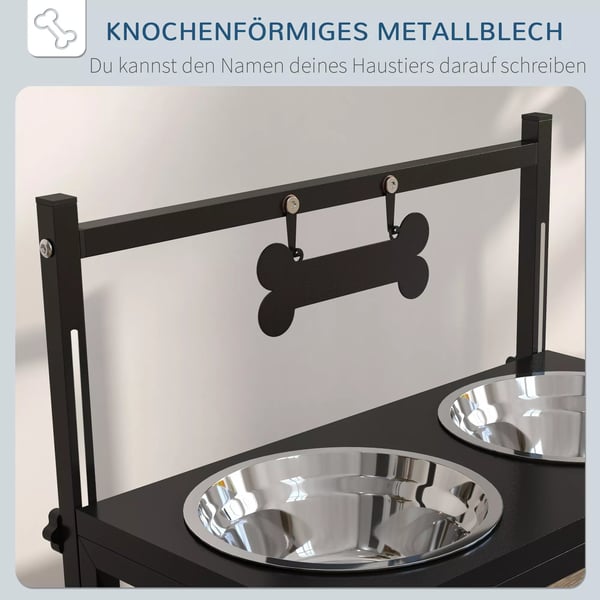 PawHut Foderstation til hunde, sort, justerbar højde, rustfrit stålskåle, knogleformet navneplade - 900 ml