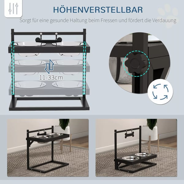 PawHut Foderstation til hunde, sort, justerbar højde, rustfrit stålskåle, knogleformet navneplade - 900 ml