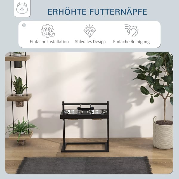 PawHut Foderstation til hunde, sort, justerbar højde, rustfrit stålskåle, knogleformet navneplade - 900 ml