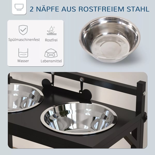 PawHut Foderstation til hunde, sort, justerbar højde, rustfrit stålskåle, knogleformet navneplade - 900 ml