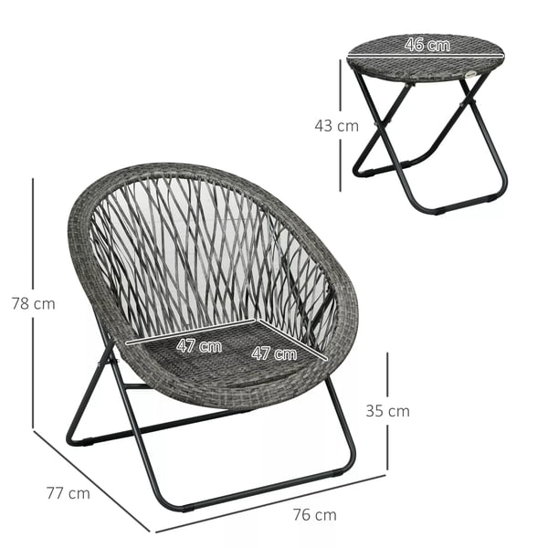 Fällbart trädgårdsset med soffbord & 2 stolar, balkongset med kuddar, stål, grå