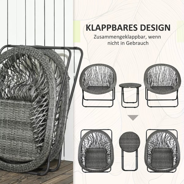 Fällbart trädgårdsset med soffbord & 2 stolar, balkongset med kuddar, stål, grå