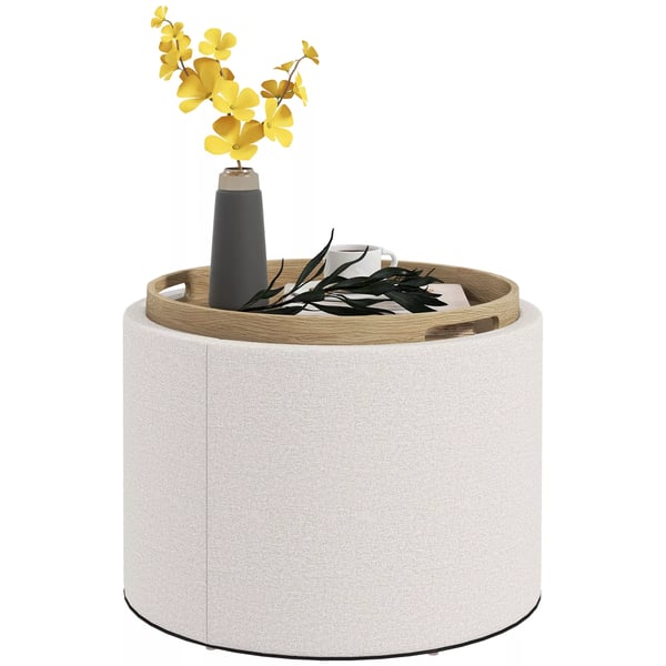 HOMCOM Rund Puf med Opbevaring og Vippelåg i Linnedlook, Creme (Polyester), Ø56 x 42 cm