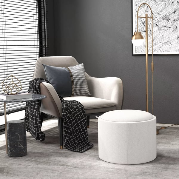 HOMCOM Rund Puf med Opbevaring og Vippelåg i Linnedlook, Creme (Polyester), Ø56 x 42 cm