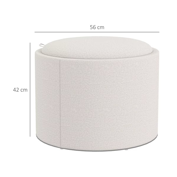 HOMCOM Rund Puf med Opbevaring og Vippelåg i Linnedlook, Creme (Polyester), Ø56 x 42 cm