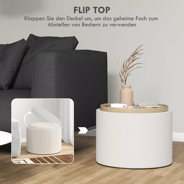 HOMCOM Rund Puf med Opbevaring og Vippelåg i Linnedlook, Creme (Polyester), Ø56 x 42 cm