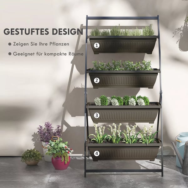Outsunny plantestativ, blomsterstativ med 4 etager, planterol med huller, plantetrappe blomsterreol til haven, stål, brun, 76 x 79 x 162 cm