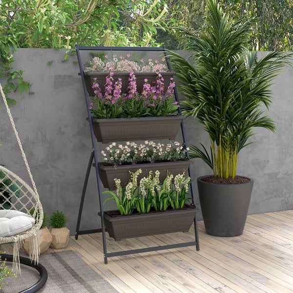 Outsunny plantestativ, blomsterstativ med 4 etager, planterol med huller, plantetrappe blomsterreol til haven, stål, brun, 76 x 79 x 162 cm