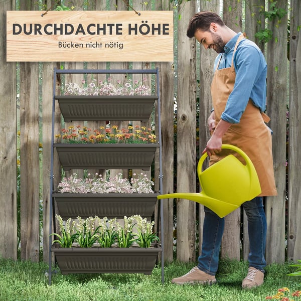 Outsunny plantestativ, blomsterstativ med 4 etager, planterol med huller, plantetrappe blomsterreol til haven, stål, brun, 76 x 79 x 162 cm