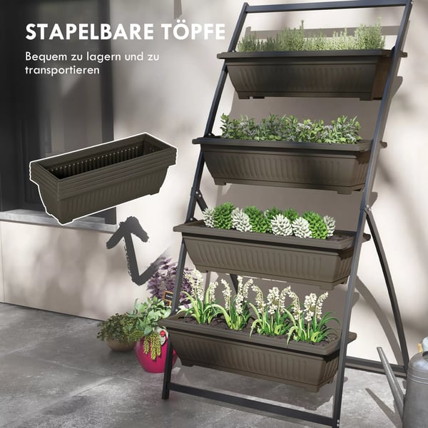 Outsunny plantestativ, blomsterstativ med 4 etager, planterol med huller, plantetrappe blomsterreol til haven, stål, brun, 76 x 79 x 162 cm