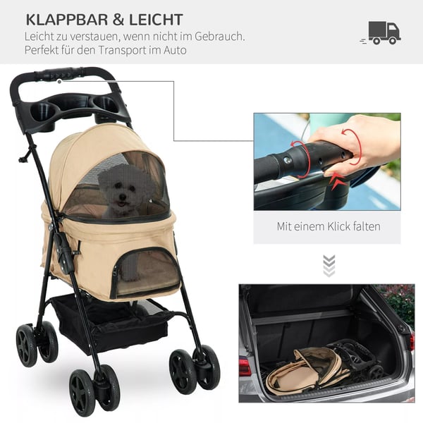 PawHut Foldbar Hundeklapvogn - Stål & Oxford Stof - Khaki - 67x45x96 cm