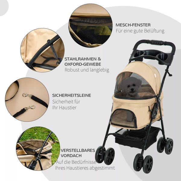 PawHut Foldbar Hundeklapvogn - Stål & Oxford Stof - Khaki - 67x45x96 cm