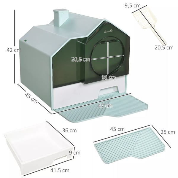 PawHut Kattebakke med Hytte-design og Skovl, Lyseblå, PP, 47x45x42cm