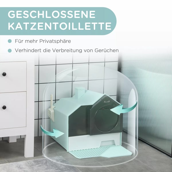 PawHut Kattebakke med Hytte-design og Skovl, Lyseblå, PP, 47x45x42cm