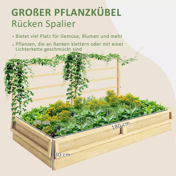 Outsunny højbed med espalier, urtebed, plantekasse i træ, blomsterkasse til have, altan, naturtræ, 183 x 98,5 x 95 cm