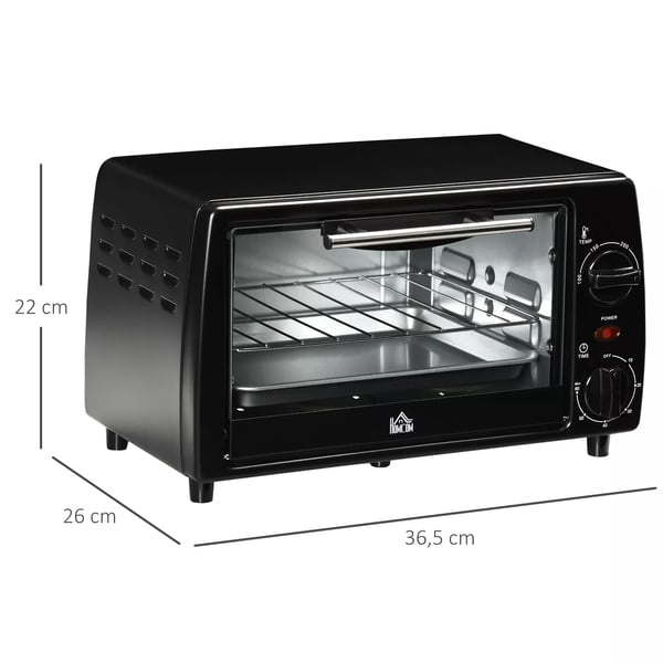 HOMCOM Miniovn 10L, 750W, Sort - Justerbar Temperatur & Timer, Inkl. Bageplade & Rist, 36,5x26x22 cm (Metal)