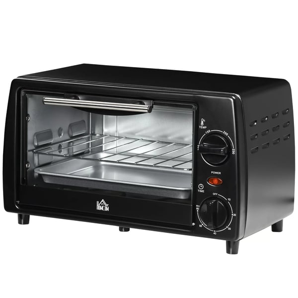 HOMCOM Miniugn 10L, 750W, Svart Metall, Timer, Justerbar Temp upp till 230°C, inkl. galler & plåt