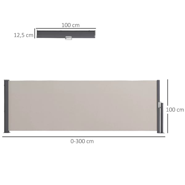 Outsunny udtrækkelig sidemarkise, 300x100 cm havemarkise, afskærmning med UV-beskyttelse, vindbeskyttelse, polyester, lysegrå