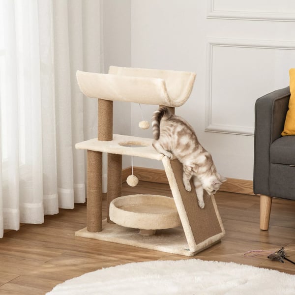 PawHut lille kattetræ 76 cm, med legende bold & siddeplads, indendørs klatretårn med seng & kradsebræt, lysebrun, op til 5 kg