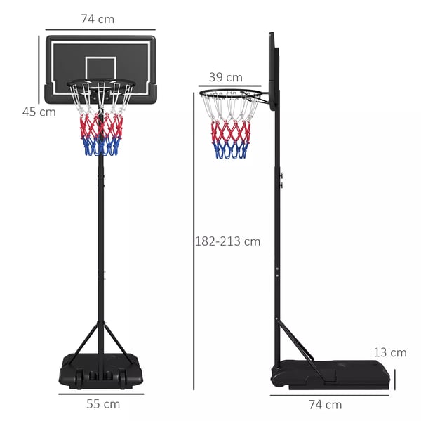 SPORTNOW Säädettävä Koripalloteline Pyörillä - Musta, Teräs, 220-250 cm