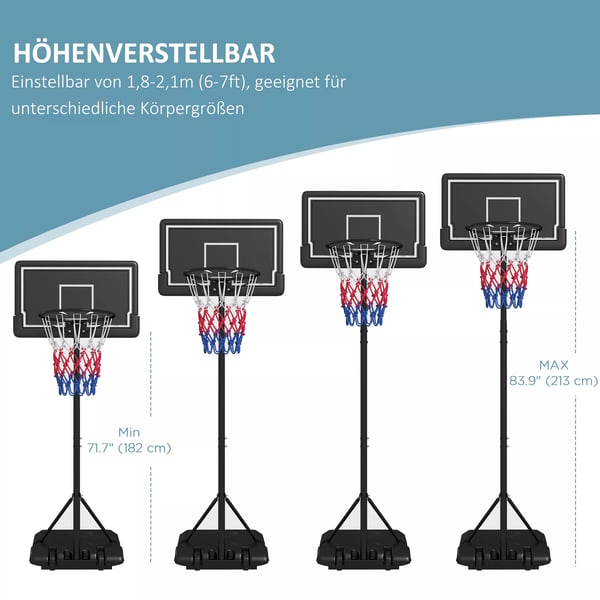 SPORTNOW Säädettävä Koripalloteline Pyörillä - Musta, Teräs, 220-250 cm