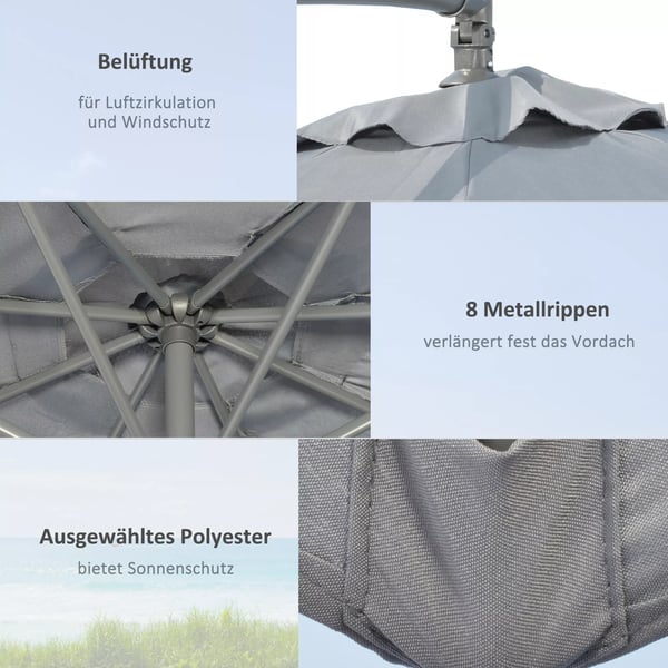 Outsunny hængeparasol, Ø2,92 m parasol med håndsving, vægte, haveparasol med overtræk, krydsfod, stål, Oxford-stof mørkegrå