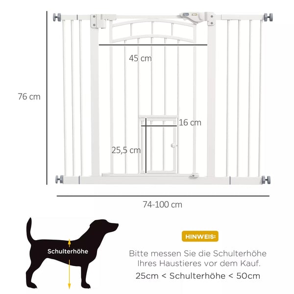 PawHut Hundegitter Automatisk Lukkende med Kattelem, Uden Boring, 74-100 cm, Hvid Stål