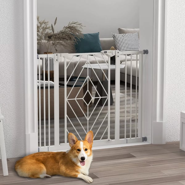 PawHut hundegitter til trapper, automatisk dør, borefri afspærringsgitter, 74-100 cm, hvid