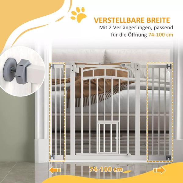 PawHut Hundegitter Automatisk Lukkende med Kattelem, Uden Boring, 74-100 cm, Hvid Stål