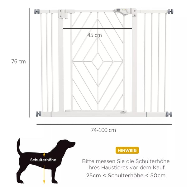 PawHut hundegitter til trapper, automatisk dør, borefri afspærringsgitter, 74-100 cm, hvid