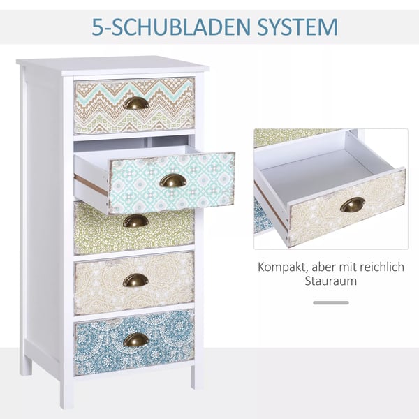 HOMCOM Kommode med 5 skuffer, Shabby Chic-stil, flerfarvet, MDF og fyrretræ - Opbevaringsskab til stue og soveværelse