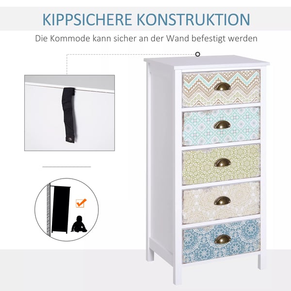HOMCOM Kommode med 5 skuffer, Shabby Chic-stil, flerfarvet, MDF og fyrretræ - Opbevaringsskab til stue og soveværelse