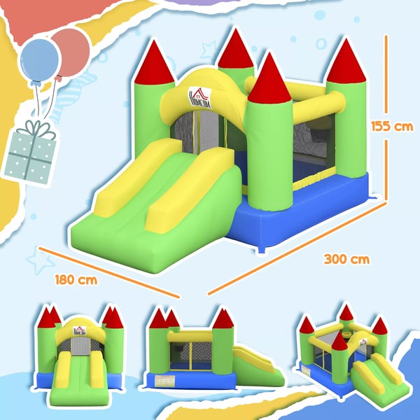 HOMCOM oppustelig hoppeborg med blæser, legeborg med rutsjebane og trampolin, sikkerhedsnet, 3-10 år, Oxford-stof, 300x180x160 cm