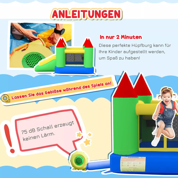 HOMCOM oppustelig hoppeborg med blæser, legeborg med rutsjebane og trampolin, sikkerhedsnet, 3-10 år, Oxford-stof, 300x180x160 cm