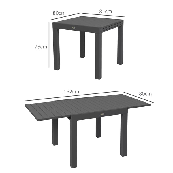 Outsunny havebord spisebord til 6 personer terrassebord udtrækkeligt altanbord kan bære op til 70 kg aluminium grå 81/162 x 80 x 75 cm