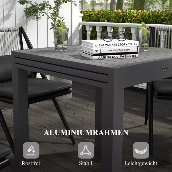 Outsunny havebord spisebord til 6 personer terrassebord udtrækkeligt altanbord kan bære op til 70 kg aluminium grå 81/162 x 80 x 75 cm