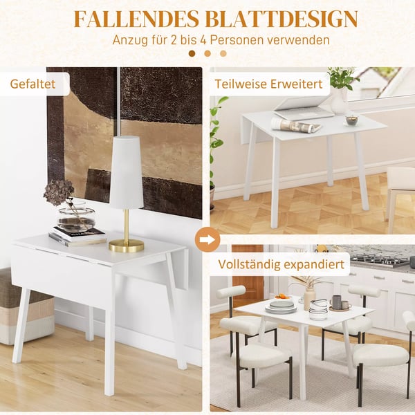 HOMCOM Klapbord, Spisebord i fyrretræ til 2-4 personer, sammenklappeligt, perfekt til små rum, 110 x 86 x 75 cm, Hvid
