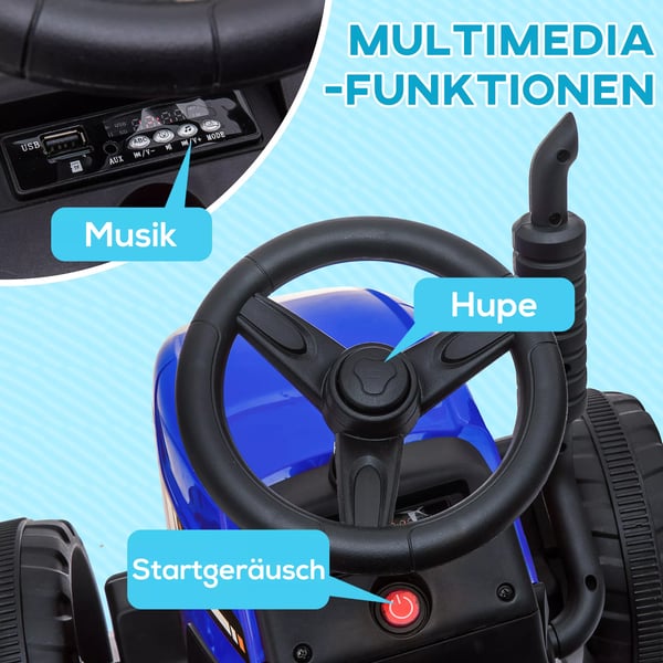 HOMCOM El-traktor til Børn m. Trailer, Fjernbetjening, MP3, Blå