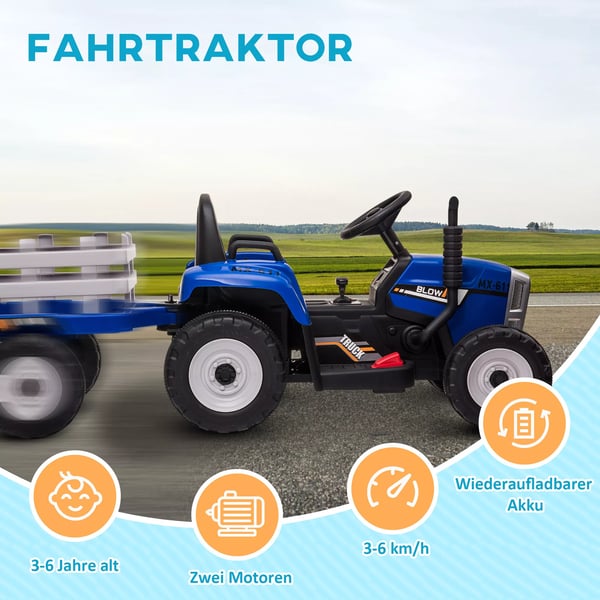 HOMCOM El-traktor til Børn m. Trailer, Fjernbetjening, MP3, Blå