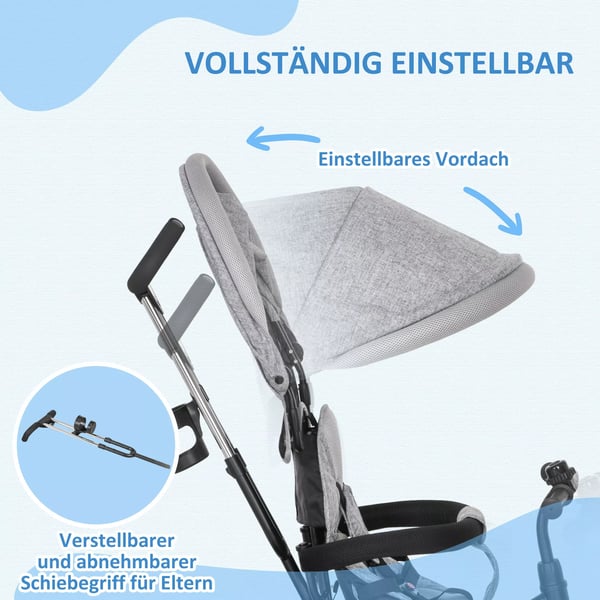 6-i-1 Barn Trehjuling med Skjutstång, Soltak och Sele - Grå Metall/Plast