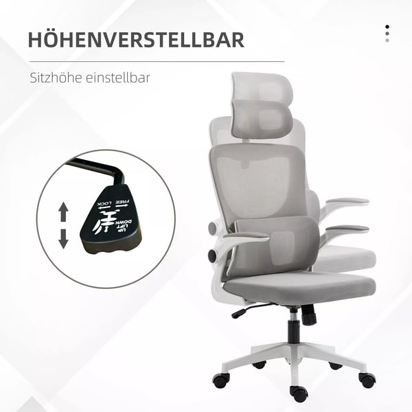 Vinsetto ergonomisk kontorstol, højdejusterbar skrivebordsstol med justerbare armlæn, nakkestøtte, vippefunktion, lændestøtte og mesh, grå