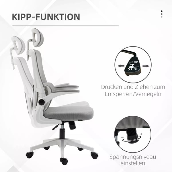 Vinsetto ergonomisk kontorstol, højdejusterbar skrivebordsstol med justerbare armlæn, nakkestøtte, vippefunktion, lændestøtte og mesh, grå