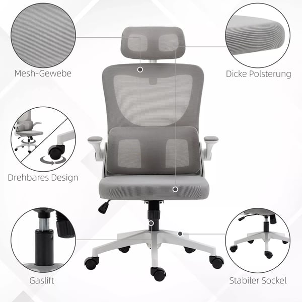 Vinsetto ergonomisk kontorstol, højdejusterbar skrivebordsstol med justerbare armlæn, nakkestøtte, vippefunktion, lændestøtte og mesh, grå