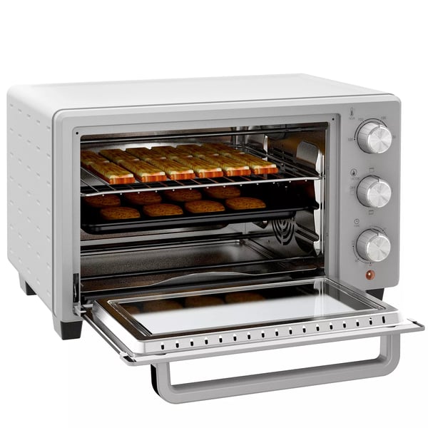 HOMCOM Minibage 21L Pizzabage, Bordbage med grillrist, krummebakke, 1400W, 60 min timer, 100-230°C, rustfrit stål, sølv