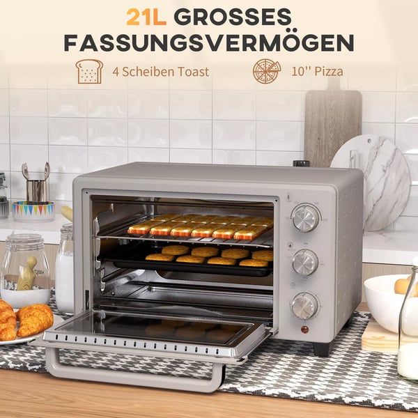 HOMCOM Minibage 21L Pizzabage, Bordbage med grillrist, krummebakke, 1400W, 60 min timer, 100-230°C, rustfrit stål, sølv
