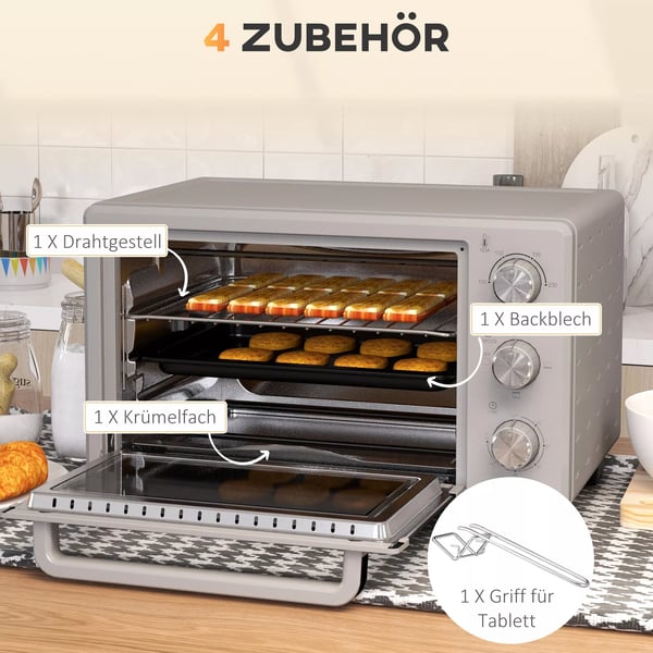 HOMCOM Minibage 21L Pizzabage, Bordbage med grillrist, krummebakke, 1400W, 60 min timer, 100-230°C, rustfrit stål, sølv