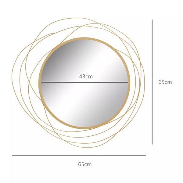 Väggspegel, Ø65 cm Väggdekoration med spegel, Metallram, Hallspegel, Väggkonst för Vardagsrum, Sovrum, Guld