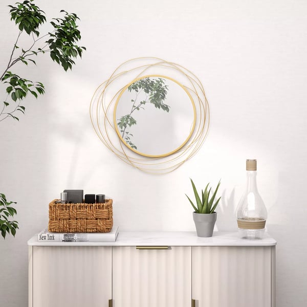 Väggspegel, Ø65 cm Väggdekoration med spegel, Metallram, Hallspegel, Väggkonst för Vardagsrum, Sovrum, Guld