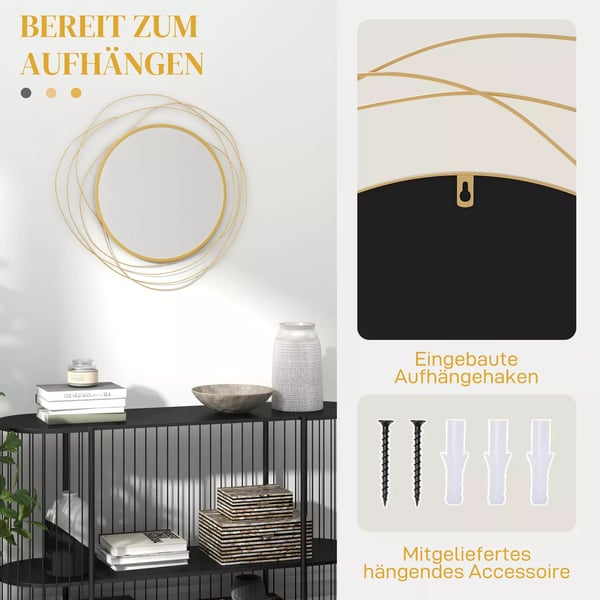 Väggspegel, Ø65 cm Väggdekoration med spegel, Metallram, Hallspegel, Väggkonst för Vardagsrum, Sovrum, Guld